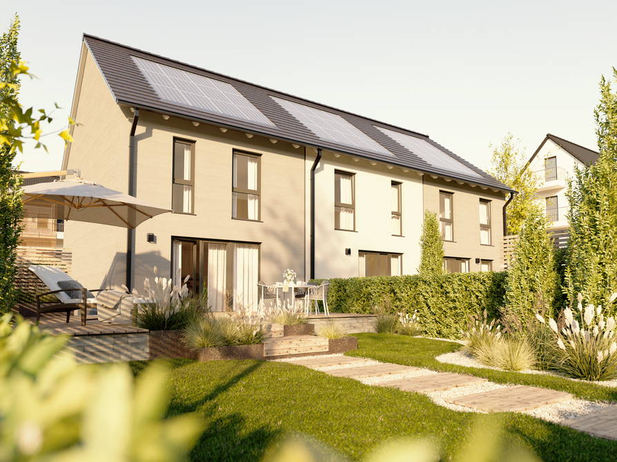 Reihenhaus Mainz 128 Novo rechts – Gartenblick mit nachhaltiger Energie Die rechte Variante des Reihenhauses Mainz 128 Novo mit gepflegtem Garten, großer Terrasse und einer Photovoltaikanlage auf dem Dach für maximale Energieeffizienz.