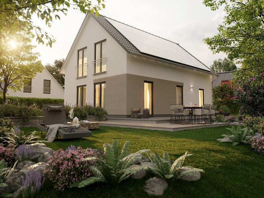 Das Einfamilienhaus Bodensee 129 Elegance bietet eine Photovoltaikanlage auf dem Dach sowie die Option eines Carports. Ein farblicher Akzent vervollständigt das stilvolle Design.