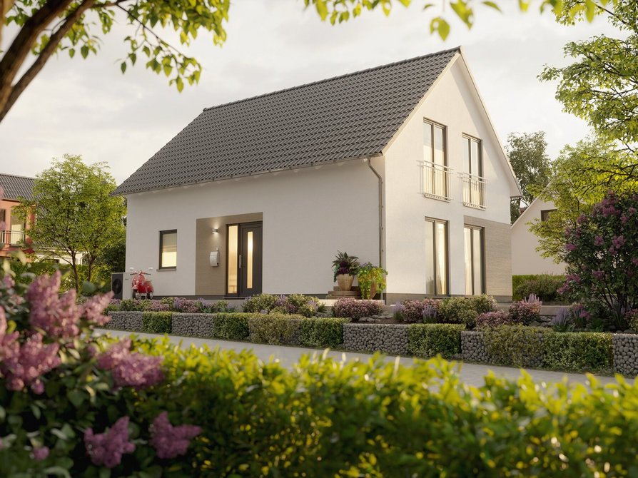 Entdecken Sie das Bodensee 129 Elegance mit einem einladenden Eingangsbereich, optionalen farblichen Akzenten und bodentiefen Fenstern für Ausblicke in den Garten.