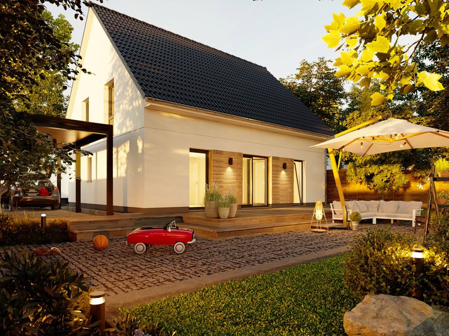 Entdecken Sie das Edition Clever 138+ mit Gartenblick von der Terrasse aus, bodentiefen Fenstern für Gartenansicht, modernem Satteldach, optionalen Holzelementen und Carport.