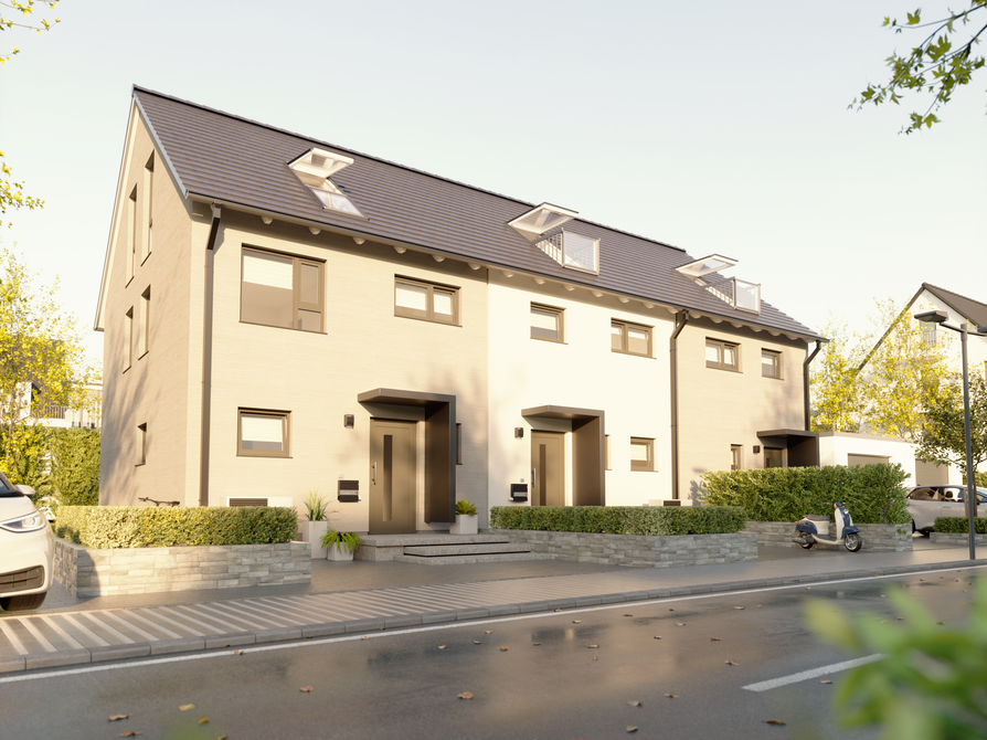 Reihenhaus Mainz 128 Novo links – Elegante Architektur mit Dachfenstern Die linke Variante des Reihenhauses Mainz 128 Novo mit klarer Architektur, lichtdurchfluteten Räumen und Dachfenstern mit integriertem Geländer für mehr Helligkeit.