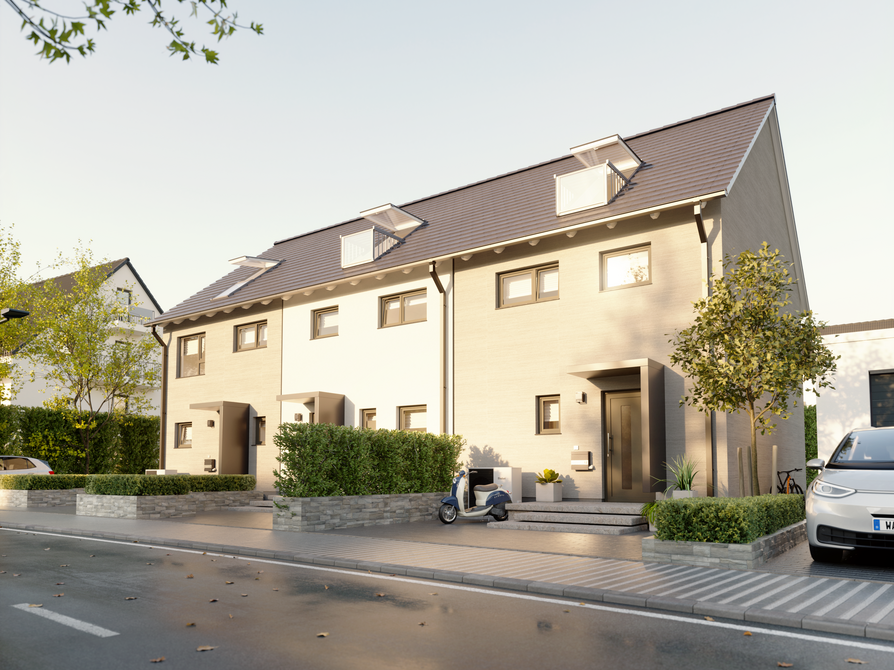 Reihenhaus Mainz 128 Novo rechts – Moderne Fassade mit Dachfenstern Die rechte Variante des Reihenhauses Mainz 128 Novo mit stilvoller Fassade, großen Fenstern und Dachfenstern mit integriertem Geländer für mehr Licht und Wohnkomfort.