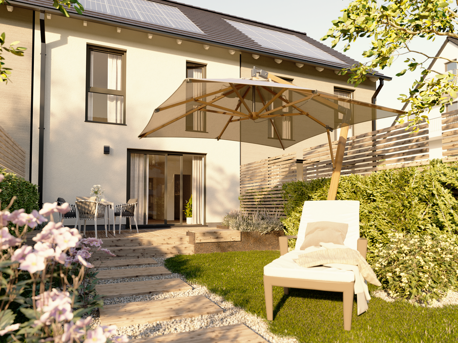 Reihenhaus Mainz 128 Novo – Grünes Wohnen mit Stil Das Reihenhaus Mainz 128 Novo mit gepflegtem Gartenbereich für entspannte Stunden im Freien.