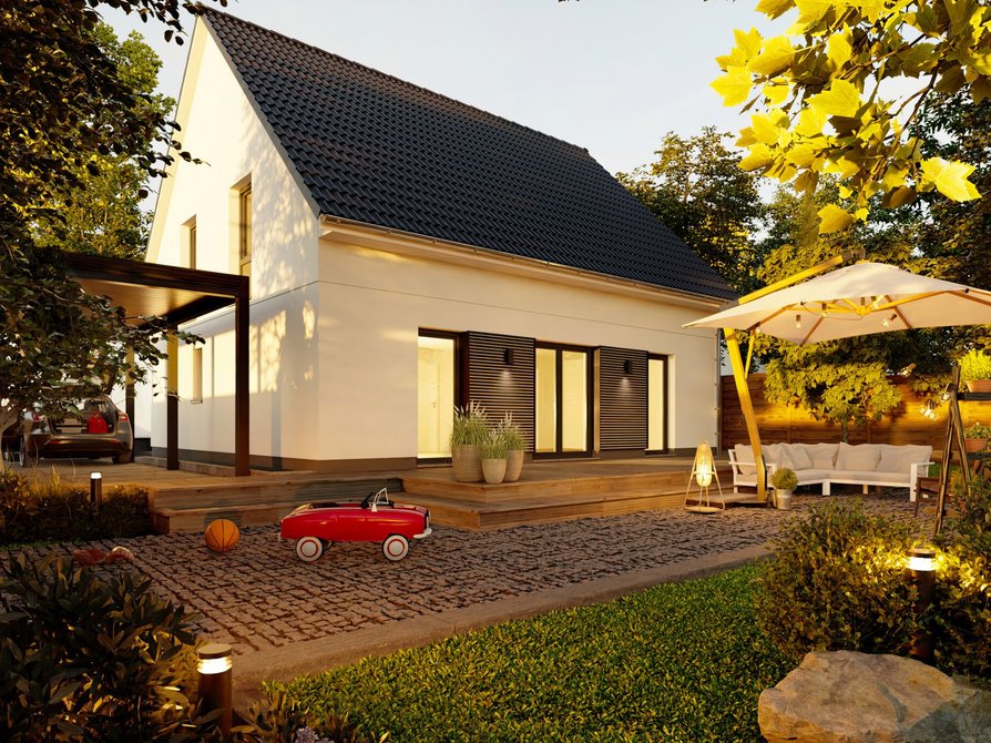 Entdecken Sie das Edition Clever 138+ mit Gartenblick von der Terrasse, bodentiefen Fenstern, modernem Satteldach, optionalen dunklen Holzelementen im Erdgeschoss und Carport.