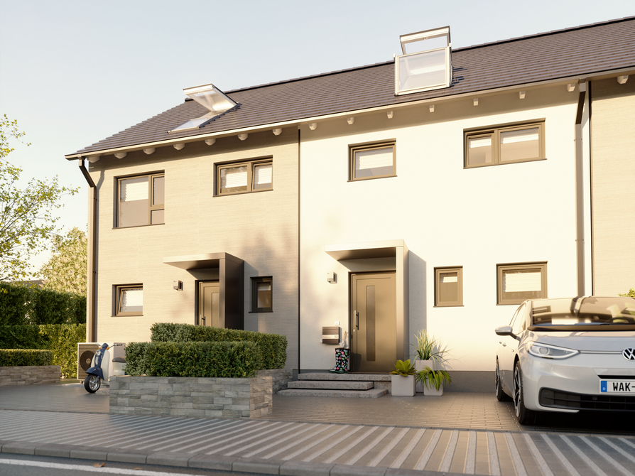 Reihenhaus Mainz 128 Novo – Straßenseite mit moderner Architektur Die Frontansicht des Reihenhauses Mainz 128 Novo mit klarer Linienführung und stilvollem Design.