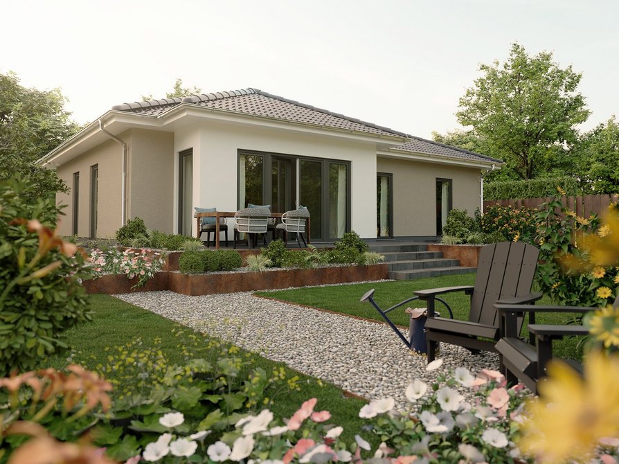 Zweifarbiger Putz und moderne Linien am Bungalow 110 mit Gartenblick Individuell gestalteter Bungalow 110 mit zweifarbigem Fassadenputz, großzügigen Fensterfronten und praktischem Winkel