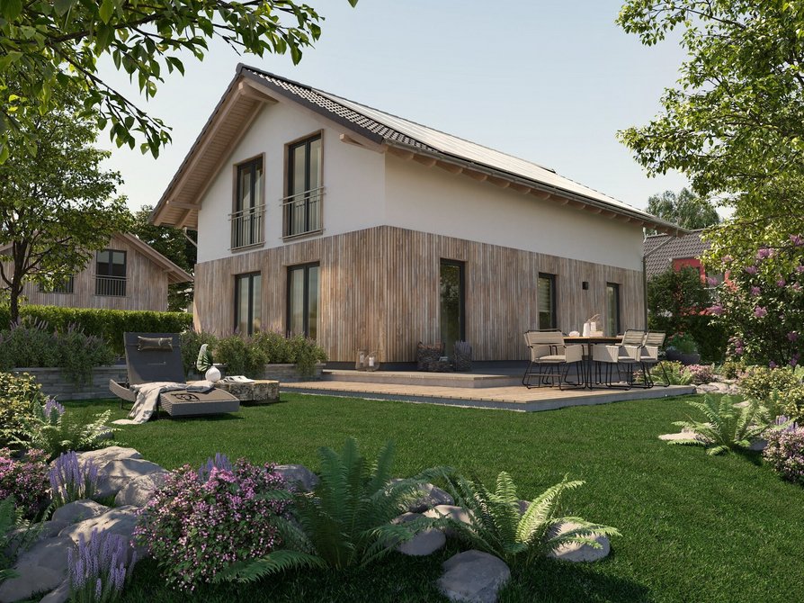 Entdecken Sie bei der Südvariante des Bodensee 129 den einzigartigen Flair durch bodentiefe Fenster, Dachüberstand, Photovoltaikanlage und Holz-Elemente an der Fassade.