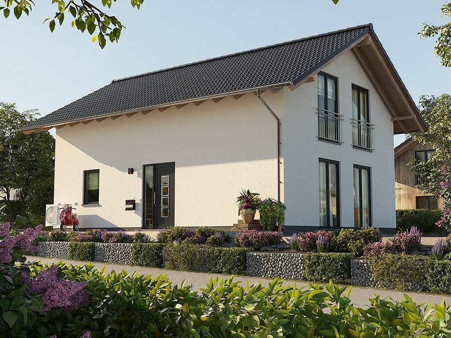 Entdecken Sie das Bodensee 129 Süd mit einladendem Eingangsbereich, Dachüberstand und bodentiefen Fenstern für einen herrlichen Blick in den Garten.